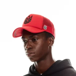 CLEAN SHIMUCHAN LOGO MESH BACK TRUCKER HAT IN HIGH RISK RED
