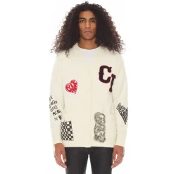 COLLEGIATE CARDIGAN SWEATER IN WINTER WHITE