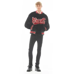 FAUX FUR VARSITY JACKET IN BLACK