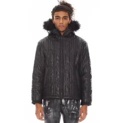 LEATHER PUFFER JACKET WITH FUR HOOD IN BLACK