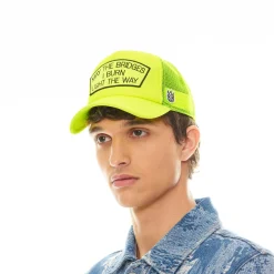 MAY THE BRIDGES I BURN MESH BACK TRUCKER HAT IN NEON YELLOW