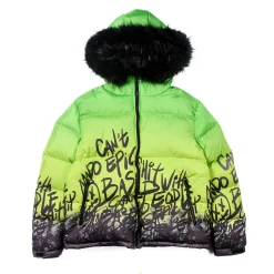 PUFFER JACKET WITH FUR HOOD IN NEON YELLOW