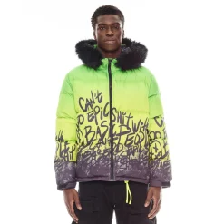 PUFFER JACKET WITH FUR HOOD IN NEON YELLOW