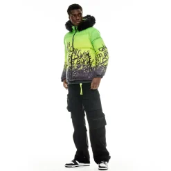 PUFFER JACKET WITH FUR HOOD IN NEON YELLOW