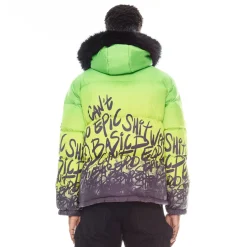 PUFFER JACKET WITH FUR HOOD IN NEON YELLOW