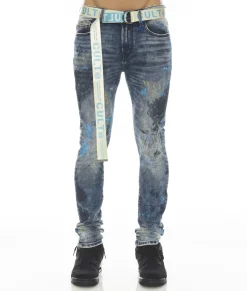 PUNK SUPER SKINNY STRETCH W/BABY BLUE BELT IN ABSTRACT