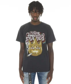 SHORT SLEEVE CREW NECK TEE "ROLLING STONED" IN BLACK/AC DC WASH