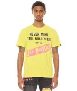 SHORT SLEEVE CREW NECK TEE "NEVER MIND THE BOLLOCKS" IN YELLOW