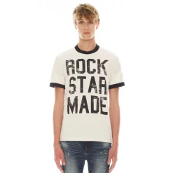 SHORT SLEEVE RINGER CREW NECK TEE 26/1'S "FUCK ME IM IN A BAND" IN WINTER WHITE